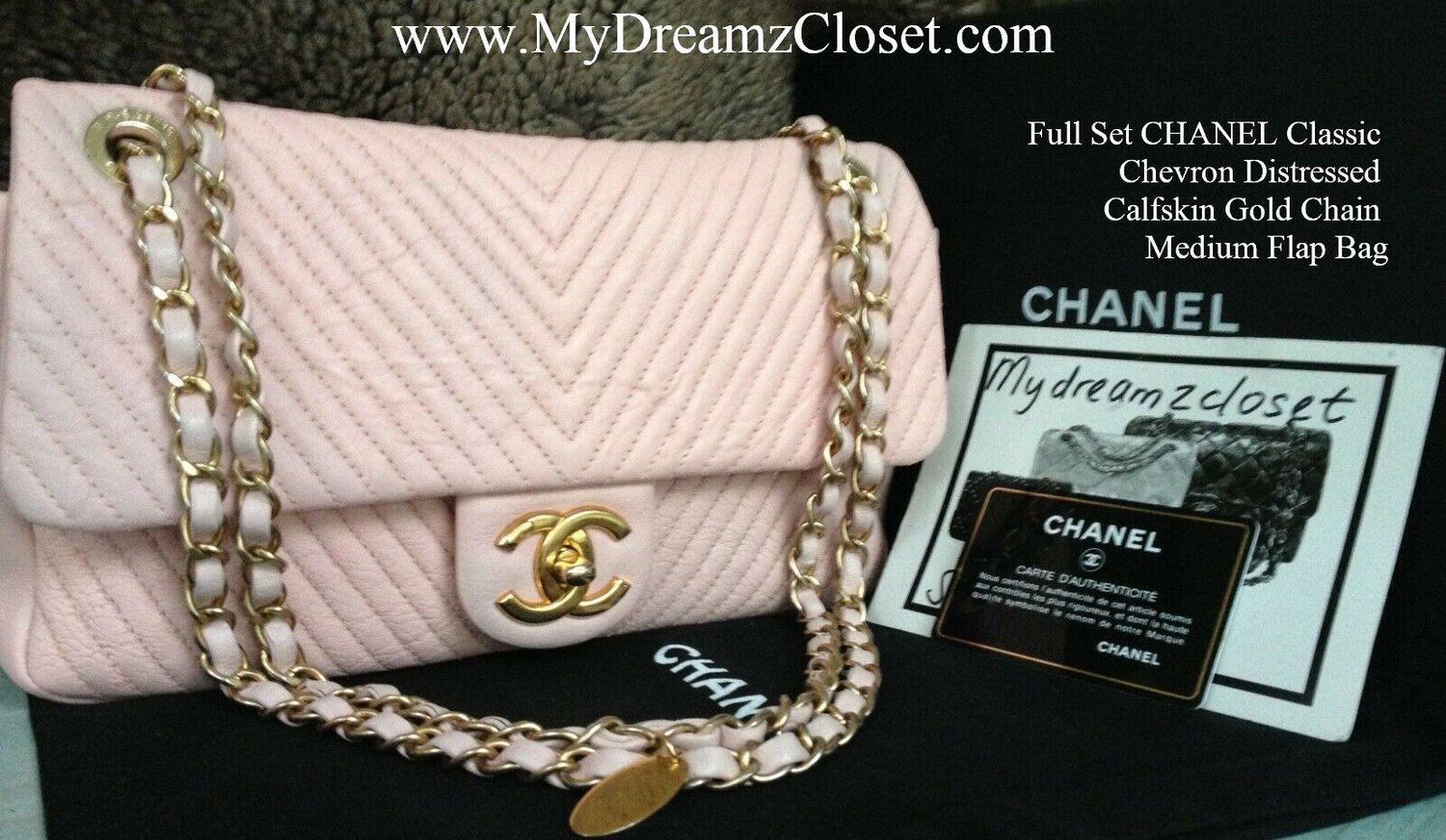 Full Set CHANEL Classic Chevron Distressed Calfskin Gold Chain Medium Flap  Bag - My Dreamz Closet