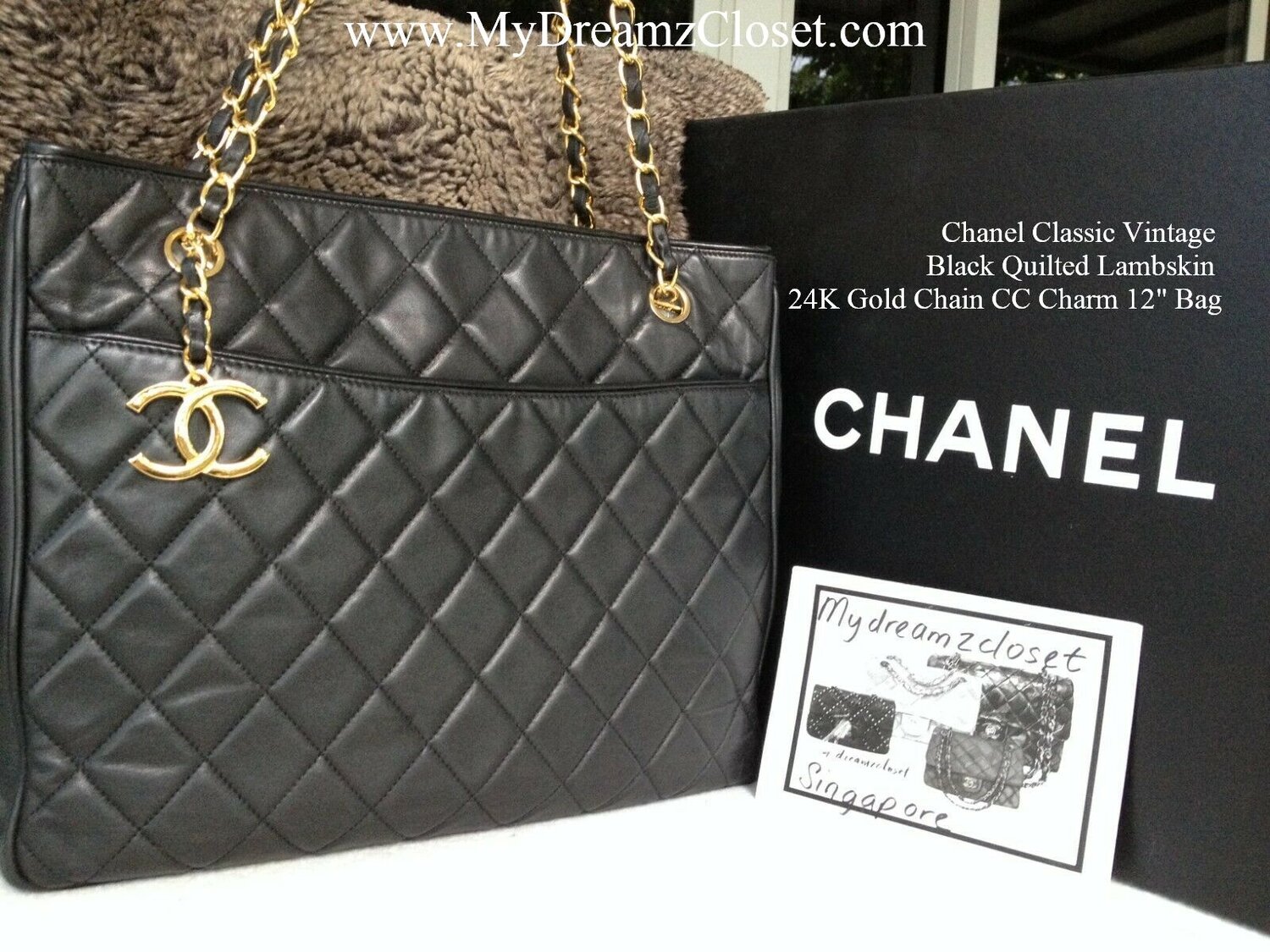 Chanel Classic Vintage Black Quilted Lambskin 24K Gold Chain CC
