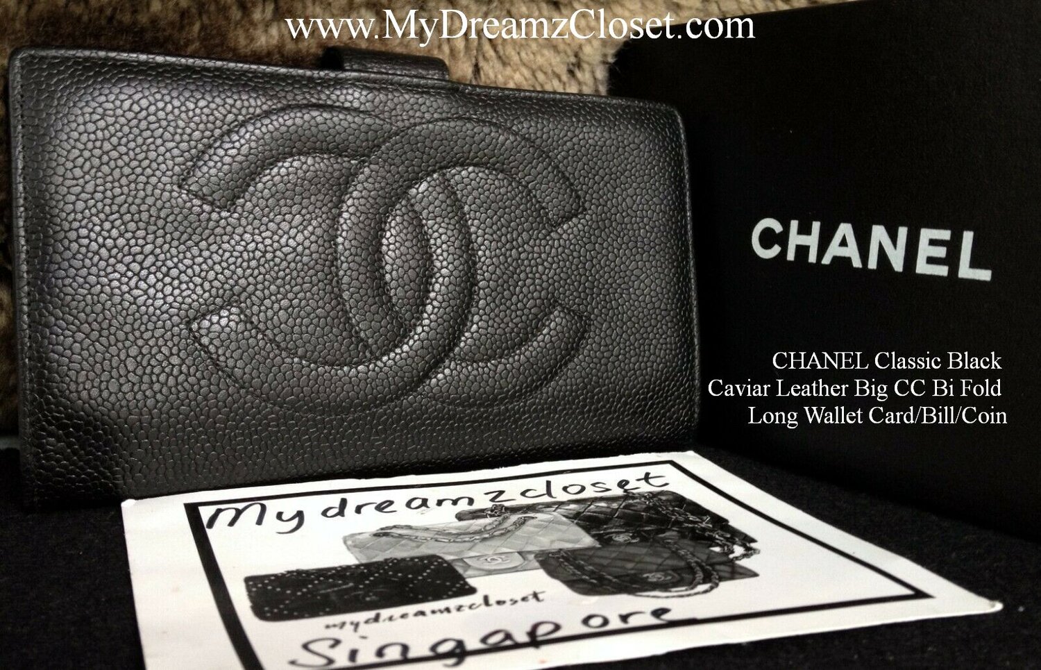 CHANEL Classic Black Caviar Leather Big CC Bi Fold Long Wallet