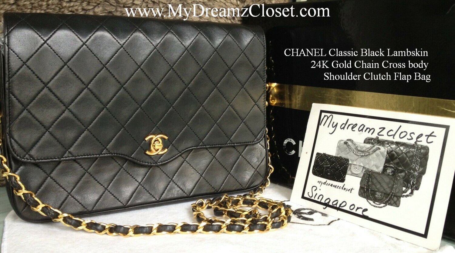 FULL SET CHANEL Black Lambskin 24K Gold Chain Medium Classic Double Flap  Bag - My Dreamz Closet