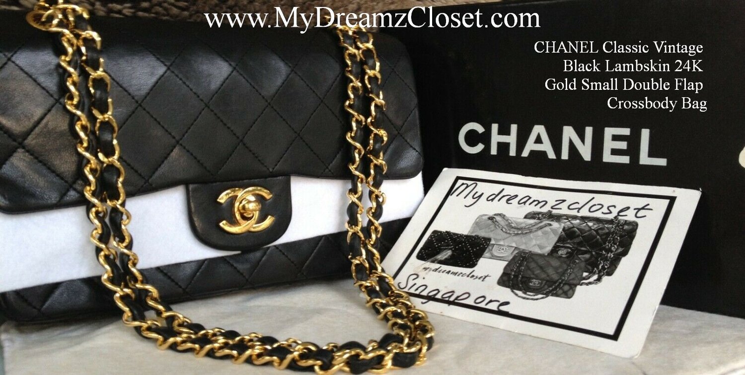 CHANEL Classic Vintage Black Lambskin 24K Gold Small Double Flap