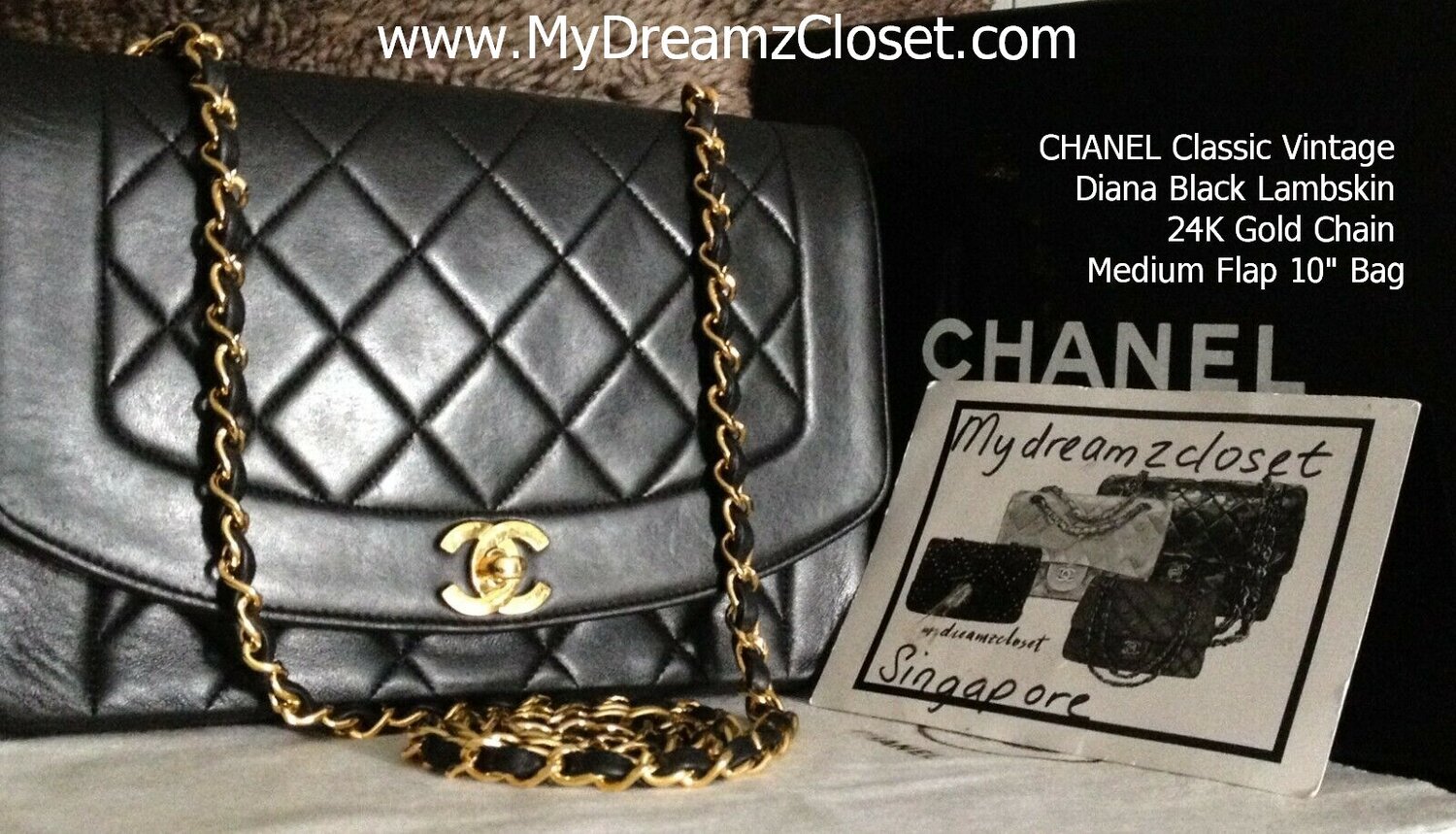 CHANEL Classic Vintage Diana Black Lambskin 24K Gold Chain Medium Flap 10  Bag - My Dreamz Closet