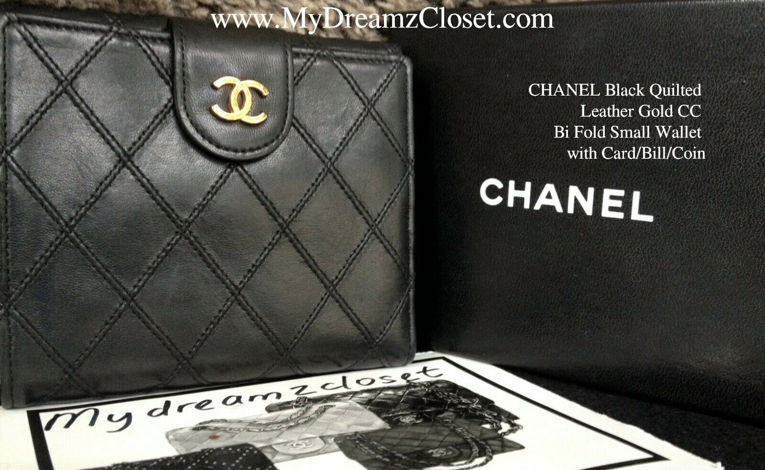 CHANEL Black Quilted Leather Gold CC Bi Fold Small Wallet with