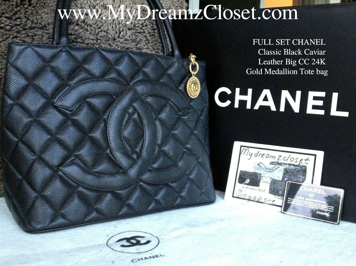FULL SET CHANEL Classic Black Caviar Leather Big CC 24K Gold