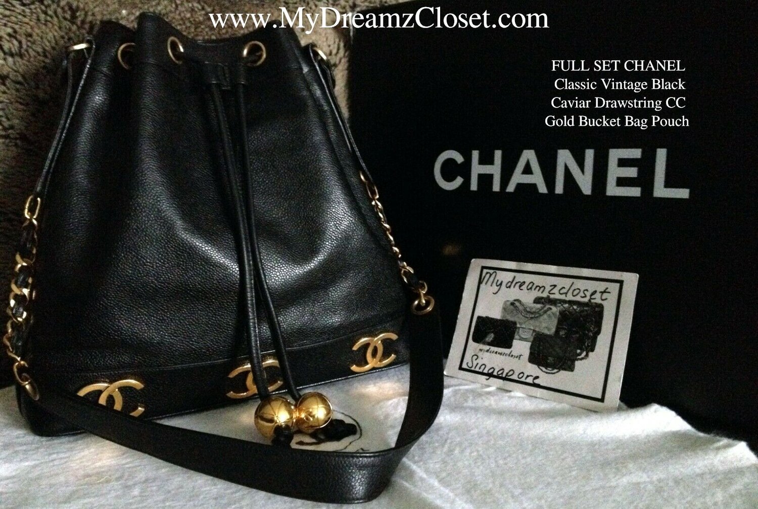 Vintage Chanel Black Caviar Leather Bucket Bag With Golden CC