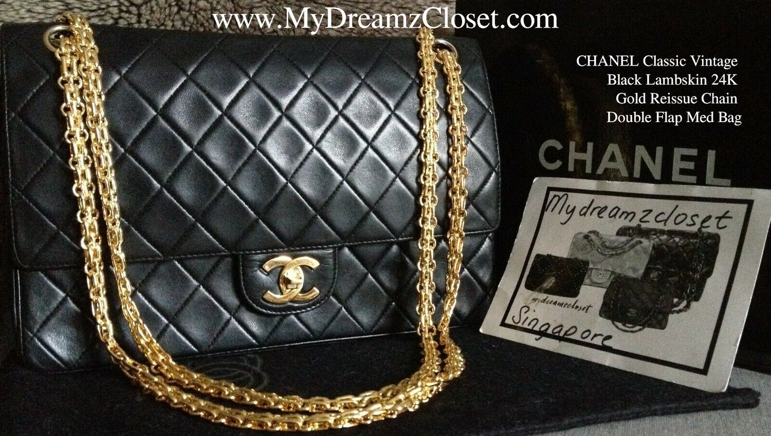 FULL SET CHANEL Classic Vintage Black Lambskin 24K Gold Medium Double Flap  Bag
