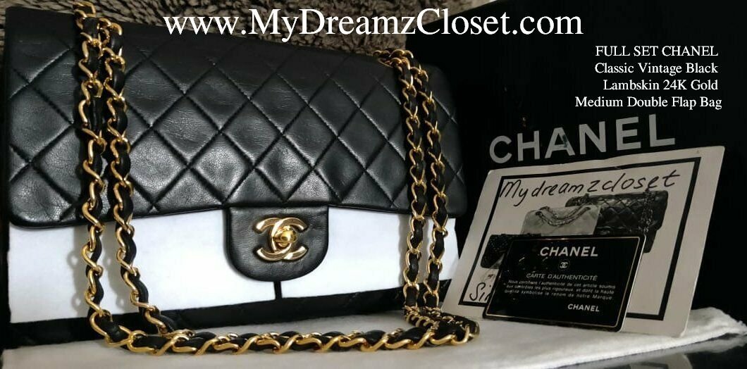 SOLD - FULL SET CHANEL Classic Vintage Black Lambskin 24K Gold Medium  Double Flap Bag - My Dreamz Closet