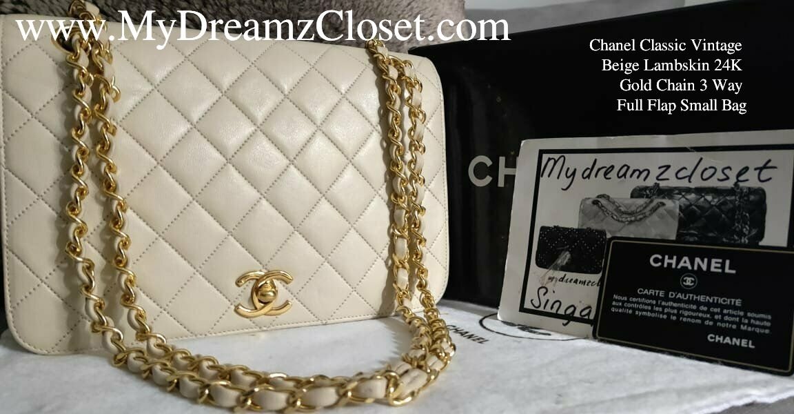 Chanel Classic Vintage Beige Lambskin 24K Gold Chain 3 Way Full Flap Small  Bag - My Dreamz Closet