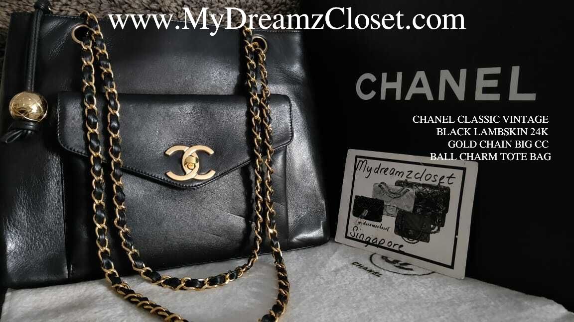 sold - chanel classic vintage black lambskin 24k gold chain big cc ball  charm tote bag
