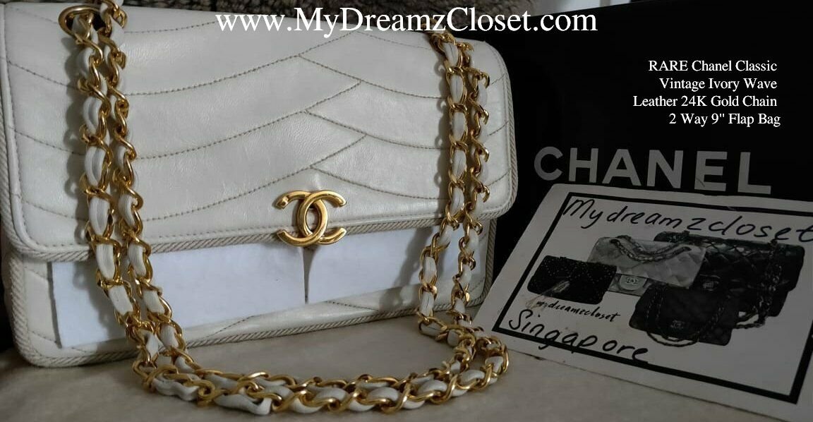 RARE Chanel Classic Vintage Ivory Wave Leather 24K Gold Chain 2