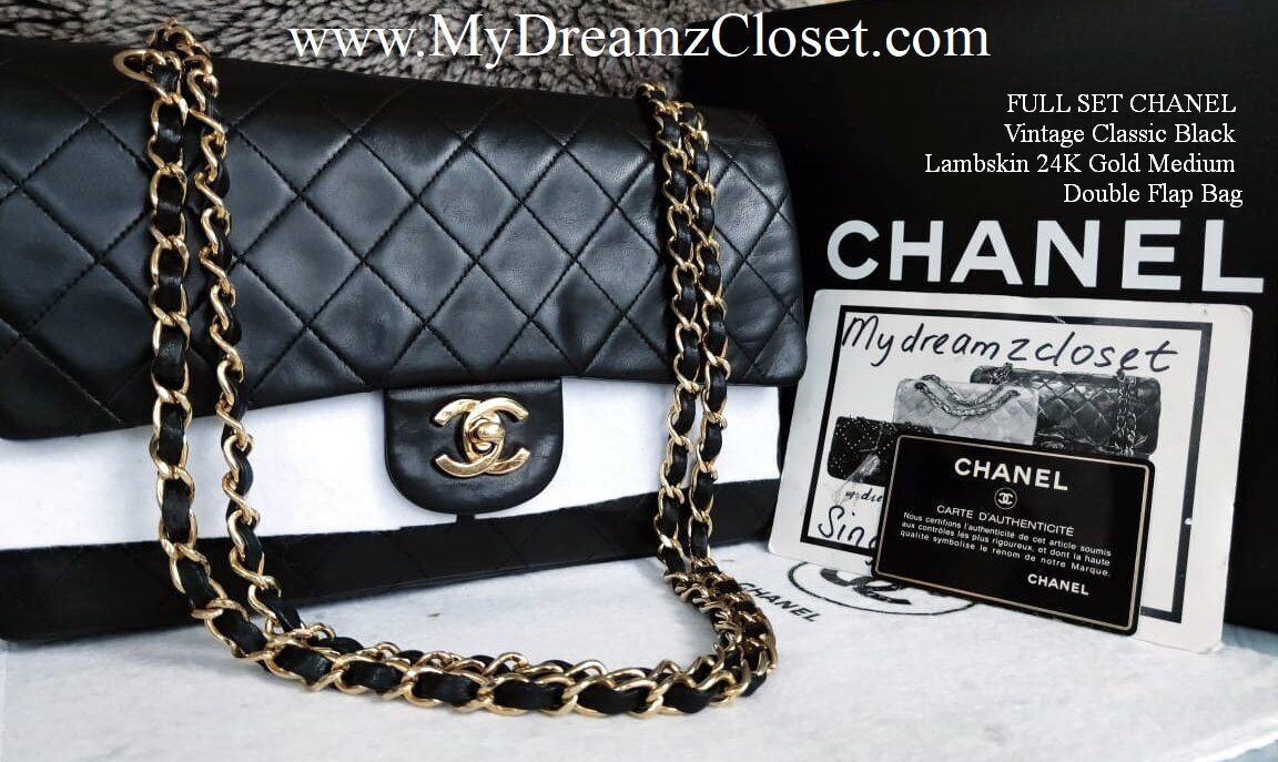 Reserved - FULL SET CHANEL Vintage Classic Black Lambskin 24K Gold Medium  Double Flap Bag - My Dreamz Closet