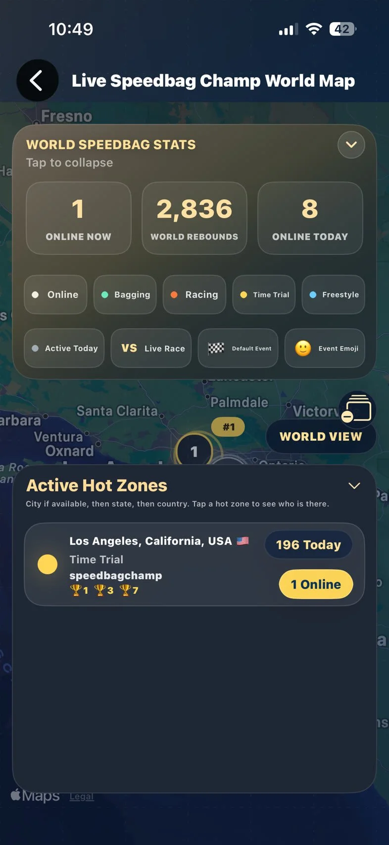 Live world map of active racers