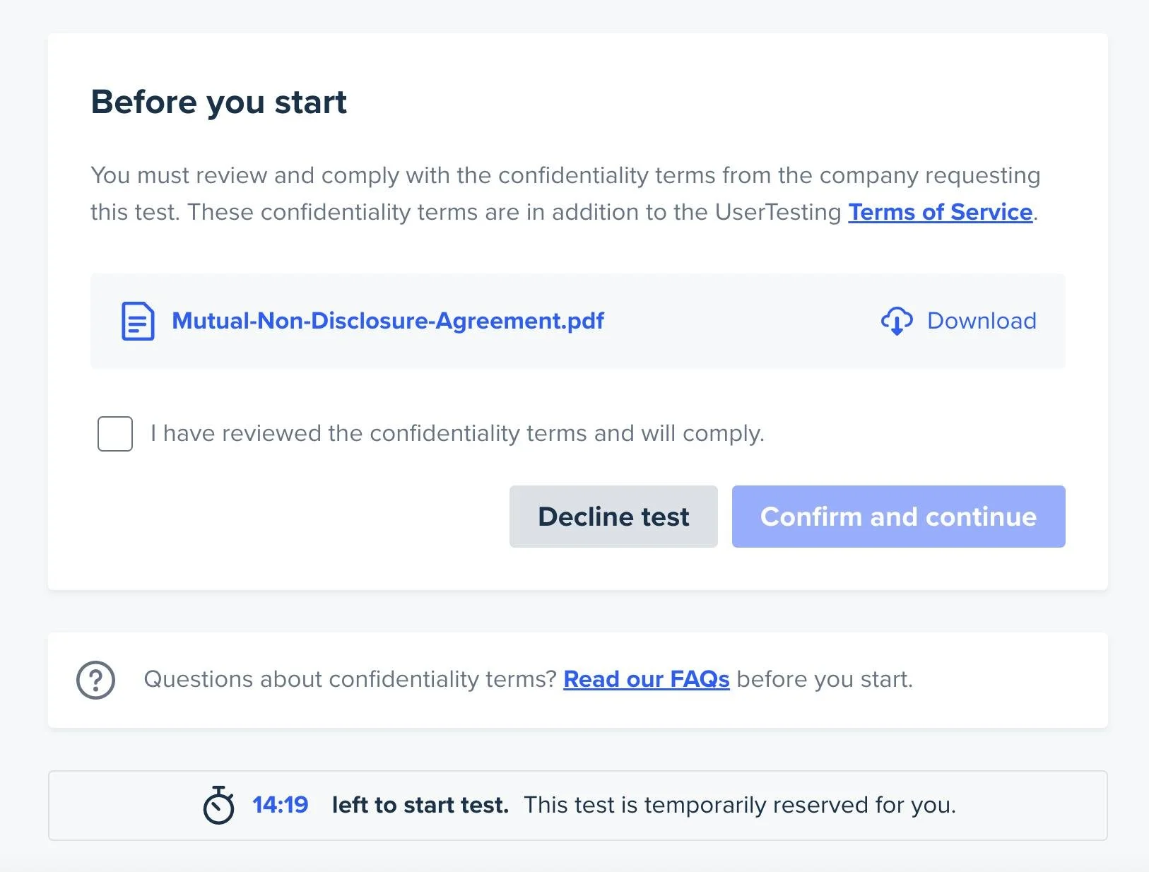 UserTesting confidentiality consent flow