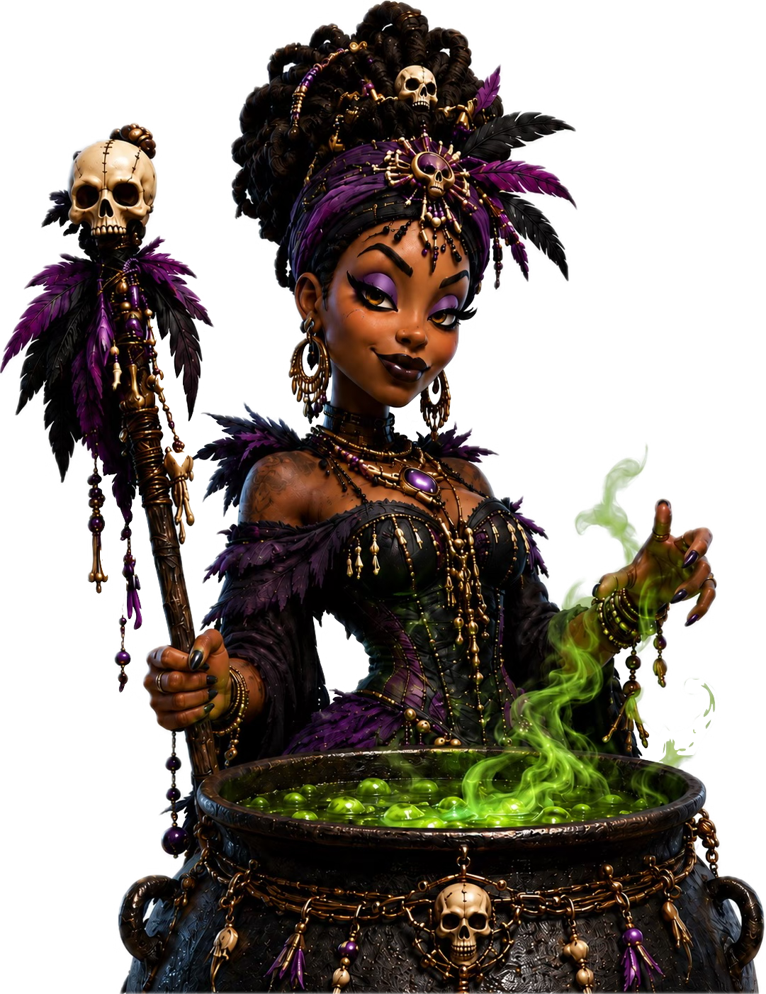 AI voodoo swamp witch stirring a glowing cauldron
