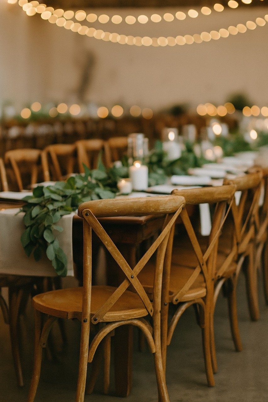 Rustic cross back chair rental setup for wedding reception in Lancaster, PA