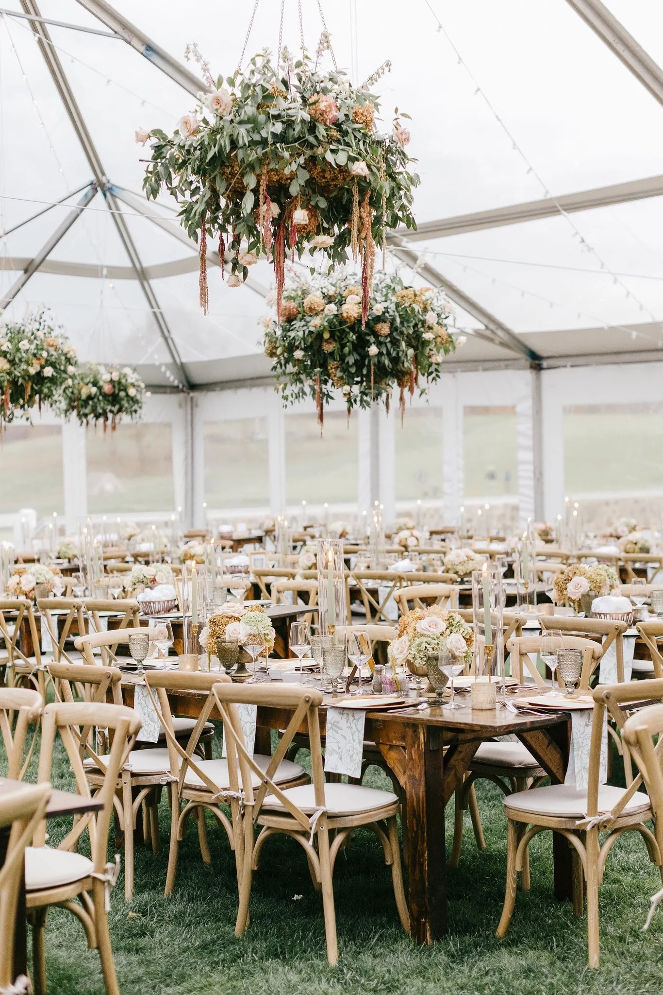 Cross Back Chairs with Farmhouse Tables in Tent
