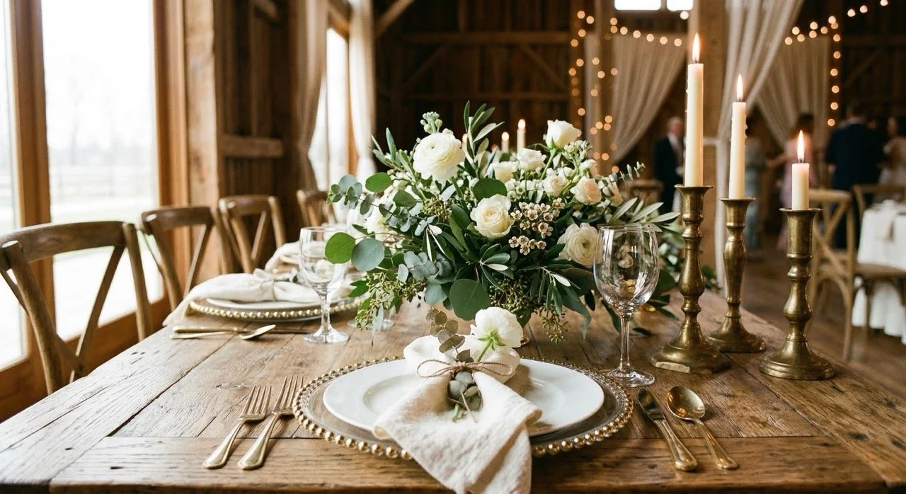 Farmhouse table setup for barn wedding in Lancaster County PA