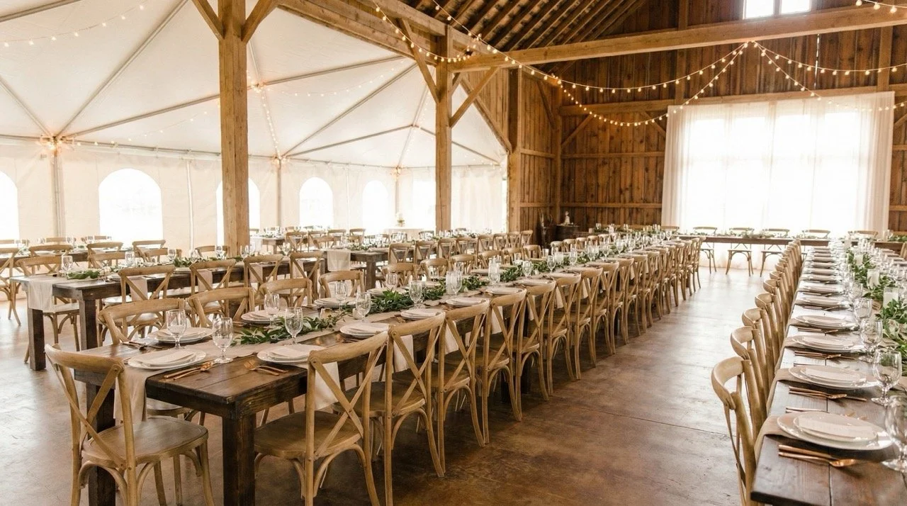 Wedding reception with farmhouse tables and elegant seating in Lancaster PA