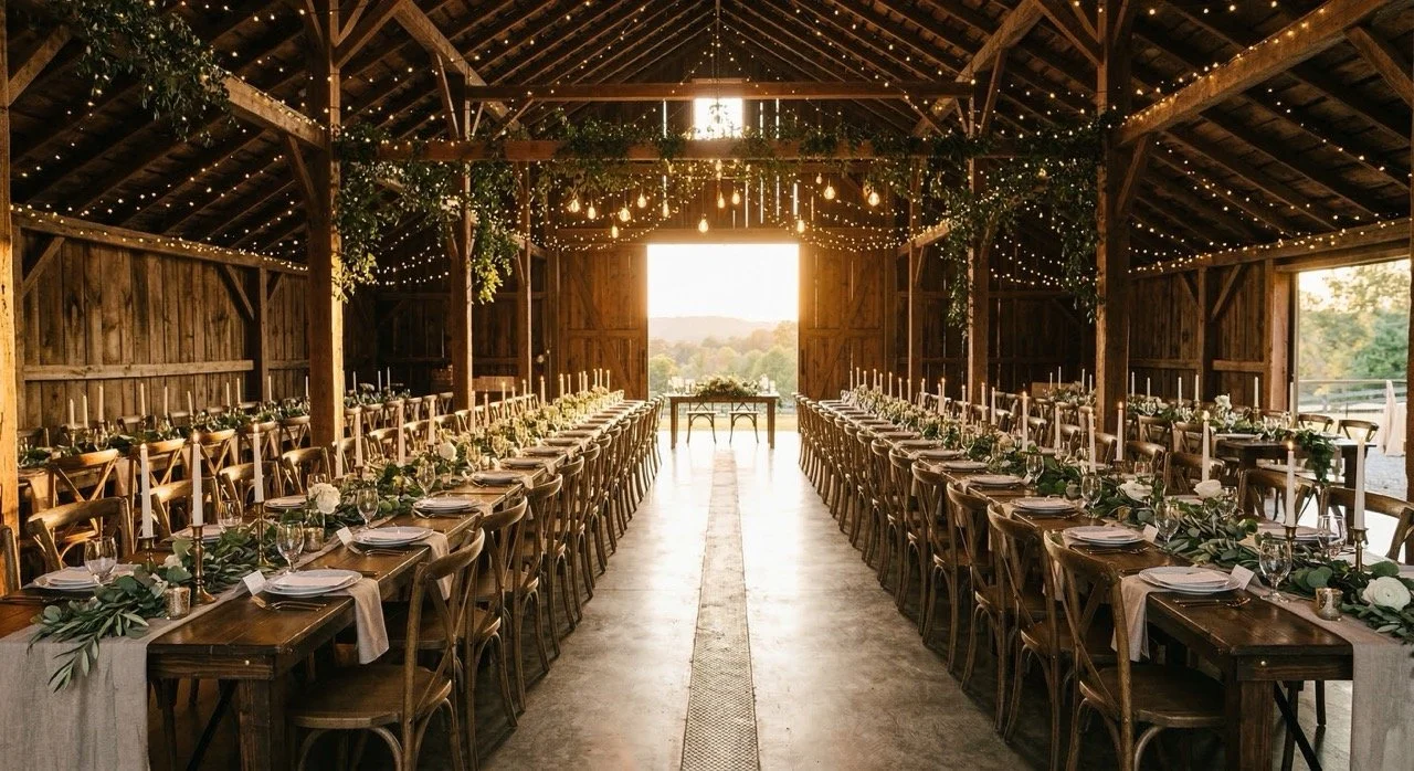 Rustic barn wedding reception with farmhouse tables and cross back chairs in Lancaster PA