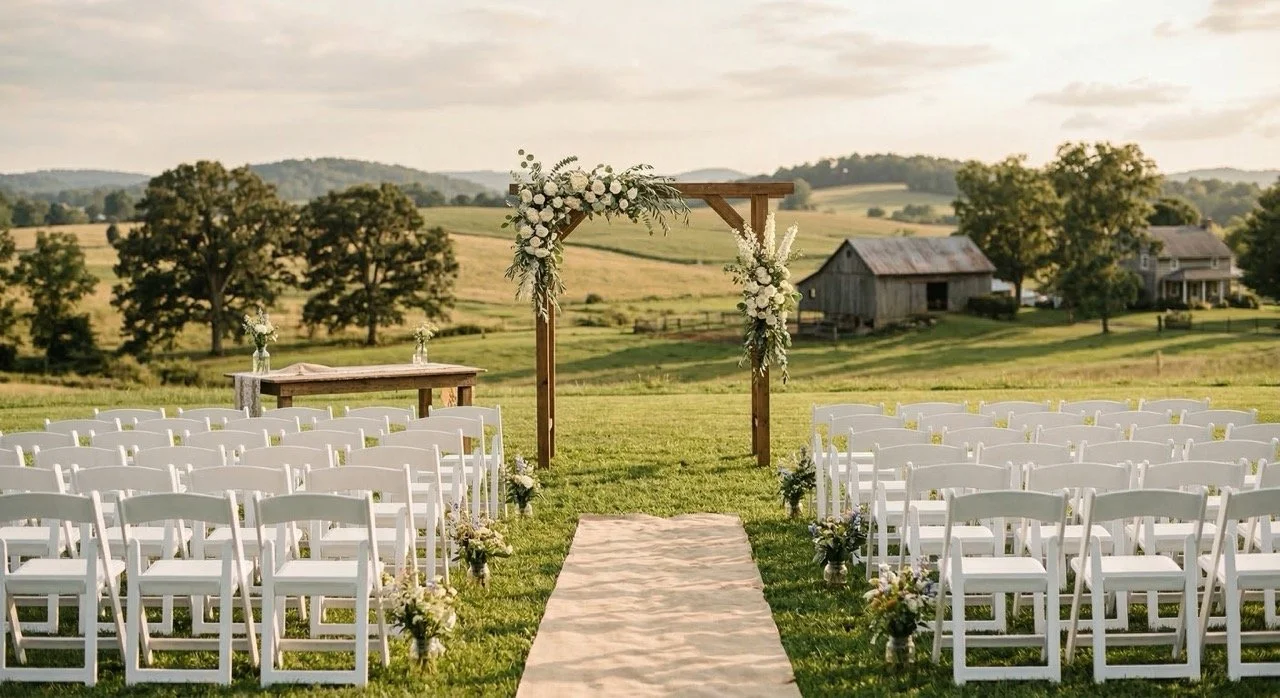 Outdoor ceremony setup with garden chairs at rustic farm venue