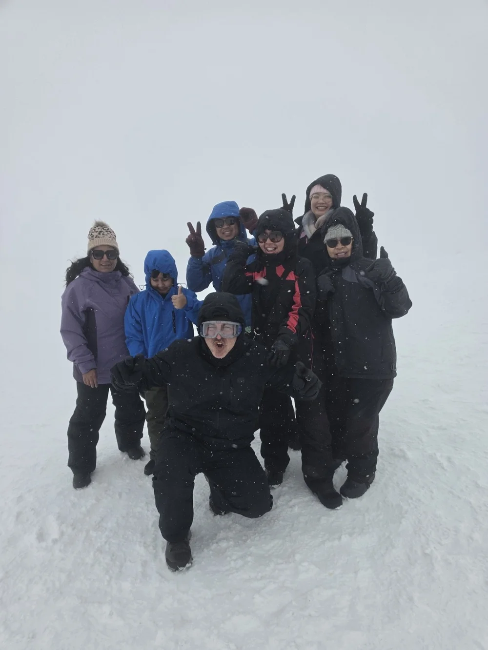Family group having a ball in fresh snowfall on the best snow trip from Sydney