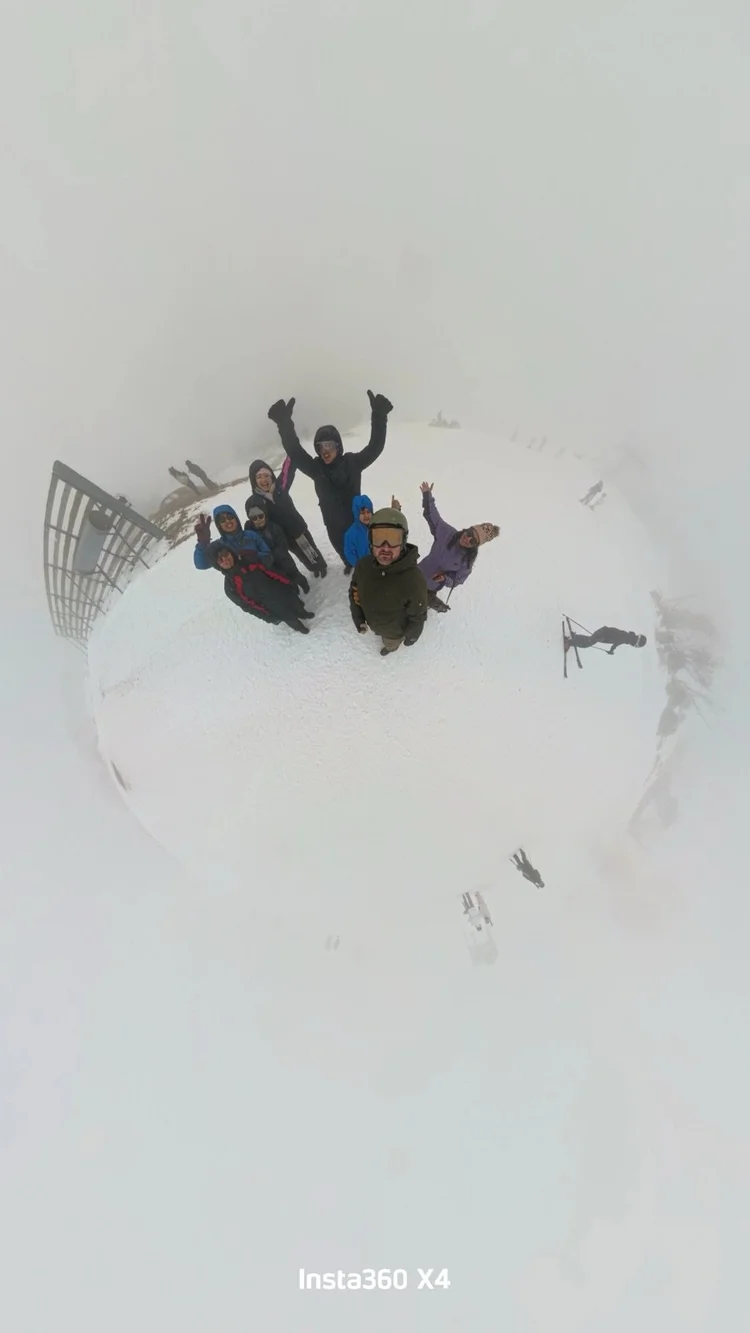 360 tiny planet of the crew in the clouds on a snow trip from Sydney