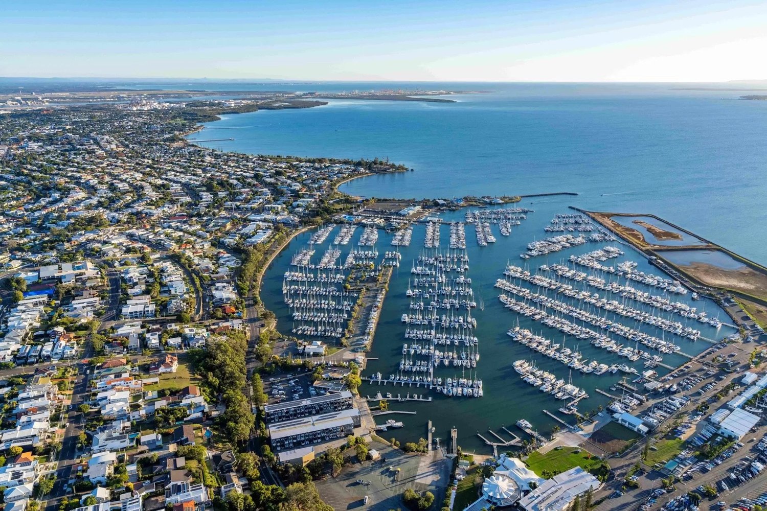 Brisbane waterfront and marina from the air on a clear day