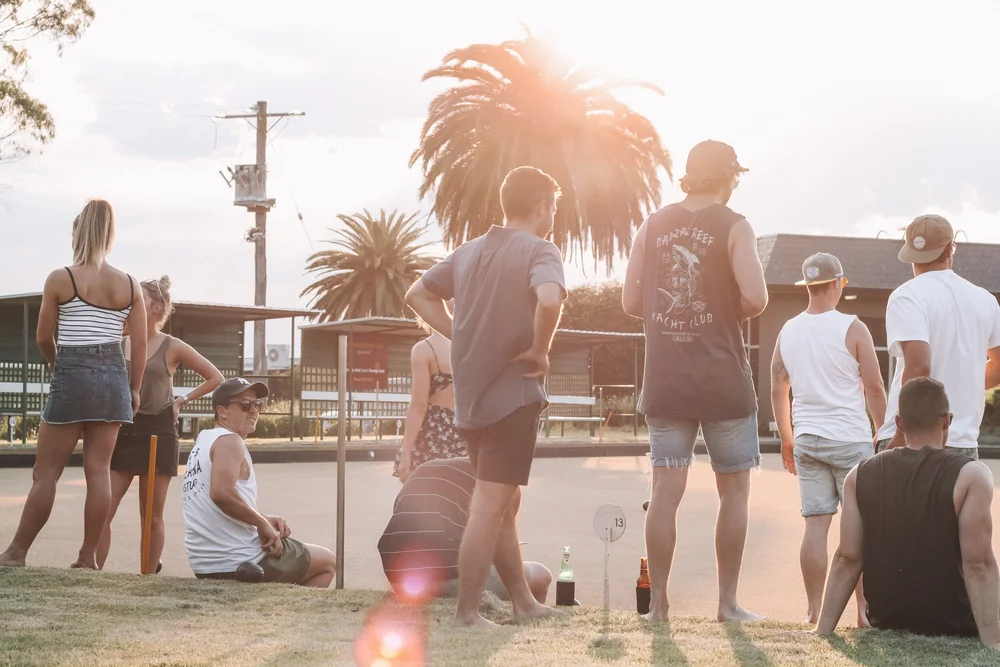 Barefoot lawn bowls green in Sydney set up for a bucks party group