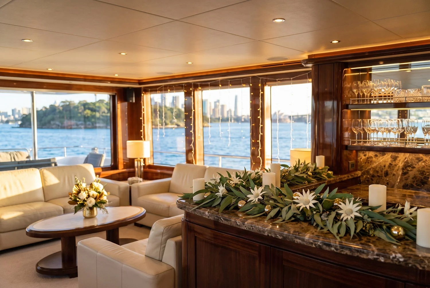 The main saloon and marble bar of a luxury charter superyacht dressed for Christmas, with a eucalyptus and gold bauble garland along the bar top, pillar candles, rows of crystal glasses on backlit shelves, cream leather lounges and panoramic windows onto Sydney Harbour