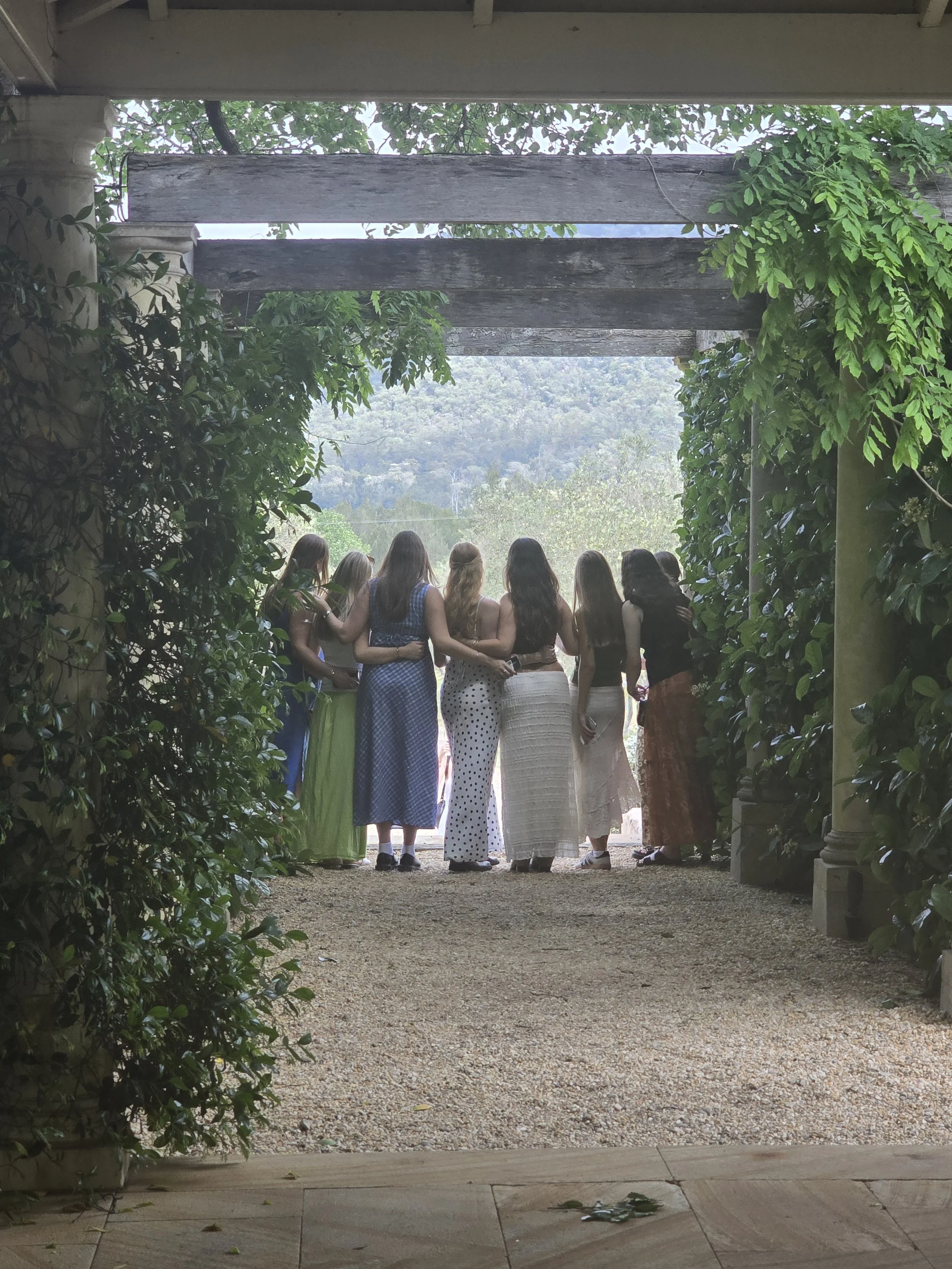 A group on a Hunter Valley wine tour standing under a vine-covered pergola looking out at the valley escarpment