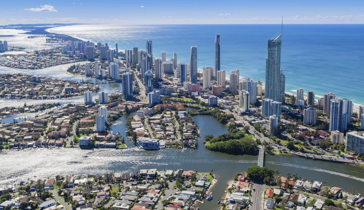 Gold Coast skyline and beaches seen from the air looking north along the coast