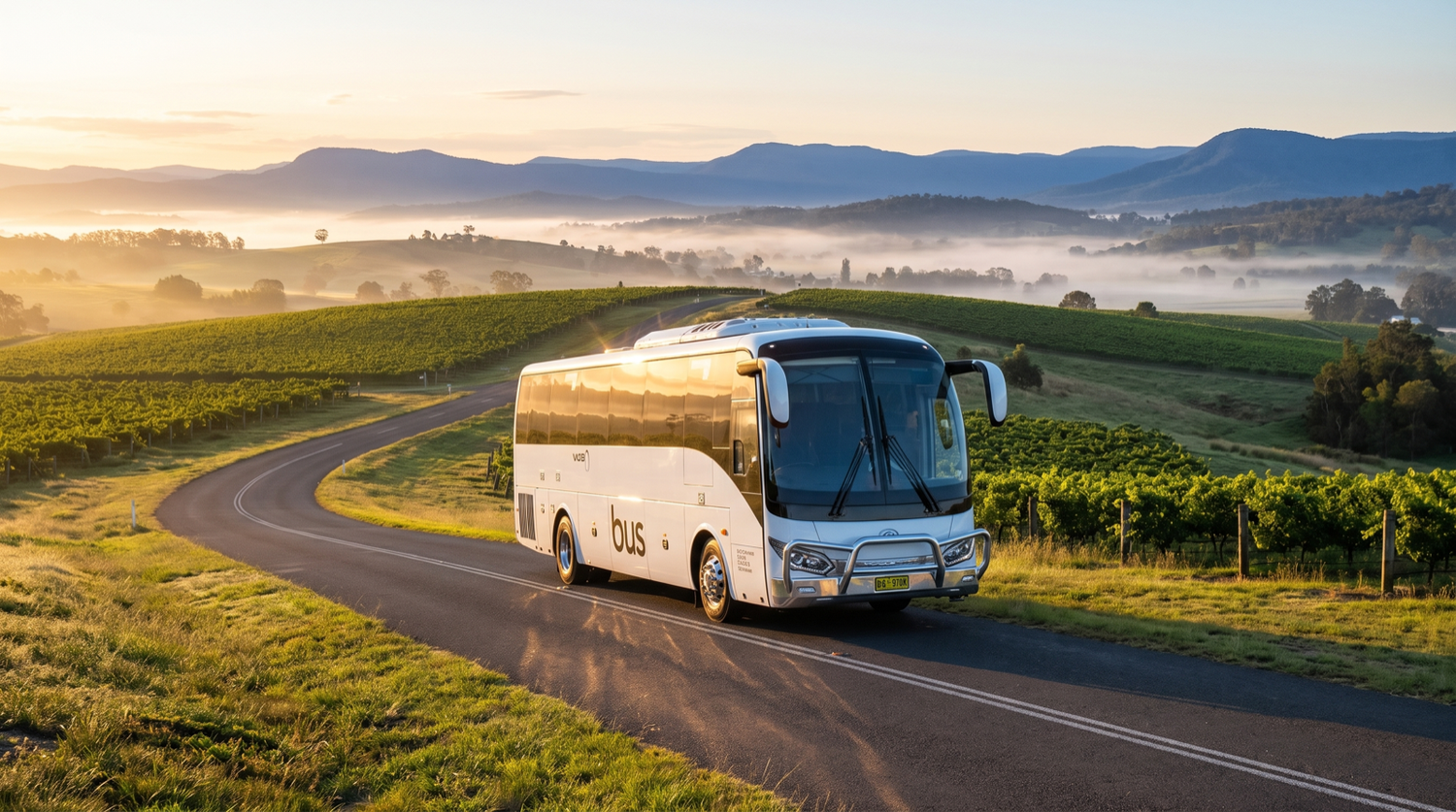 An open road running through Hunter Valley wine country, the drive between venues on a two night Hunter Valley weekend away.