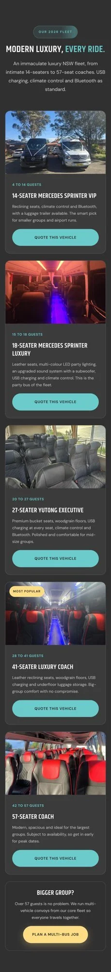 Scrolling preview of the Urban Legends fleet, 14 to 57 seats