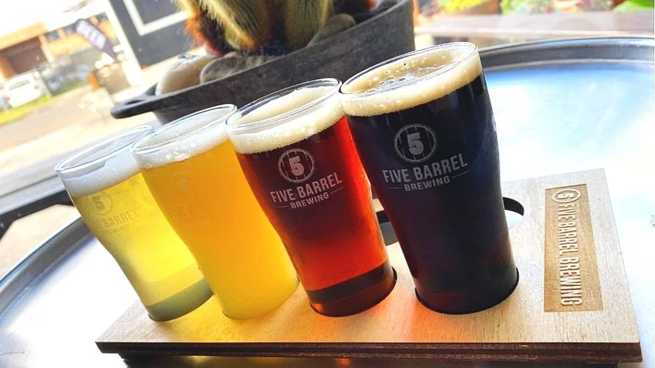 Craft beer tasting paddle at Five Barrel Brewing in Wollongong