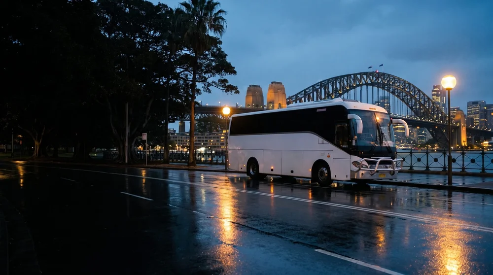 Urban Legends luxury coach on a night delegate transfer with the Sydney Harbour Bridge lit behind