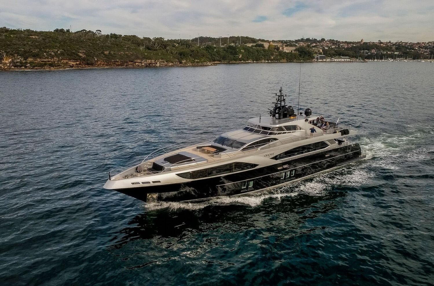 The superyacht Ghost 2 underway on Sydney Harbour
