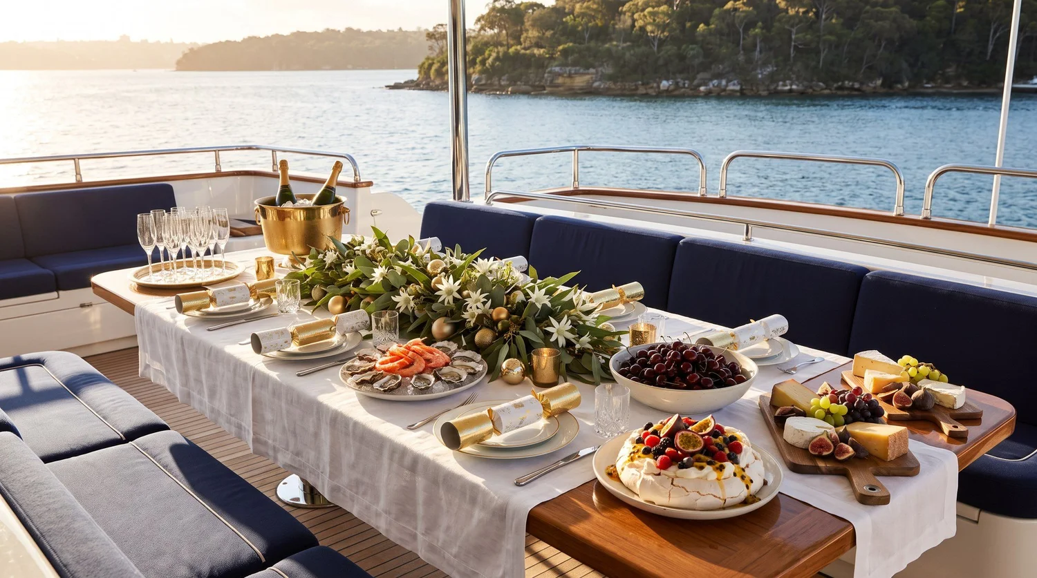 A long white-linen table set for Christmas on the teak aft deck of a charter yacht, with a eucalyptus and gold bauble garland down the centre, gold bon bons at each place, platters of prawns and oysters on ice, a bowl of cherries, a pavlova and champagne in a brass ice bucket