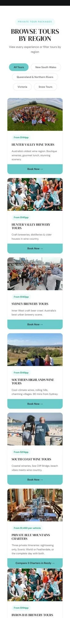 Scrolling preview of the tour packages on the Book Now page