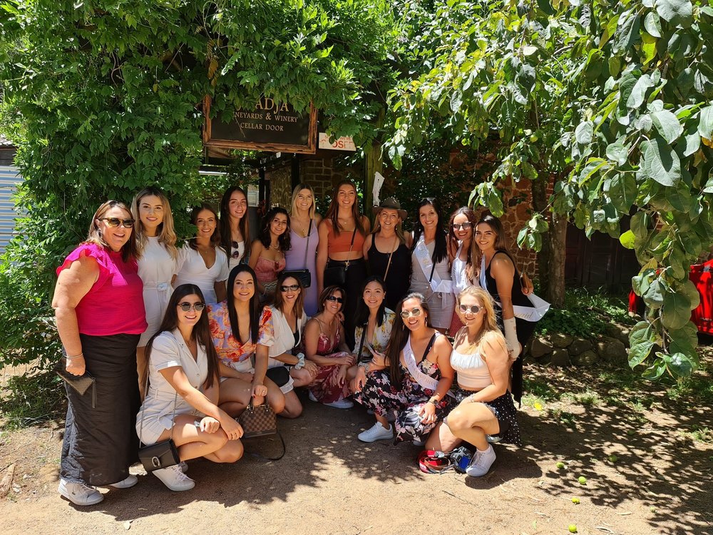 Southern Highlands hens party wine tour group at a Joadja cellar door A hens party of about twenty guests posed together under the Joadja Vineyards and Winery cellar door sign.
