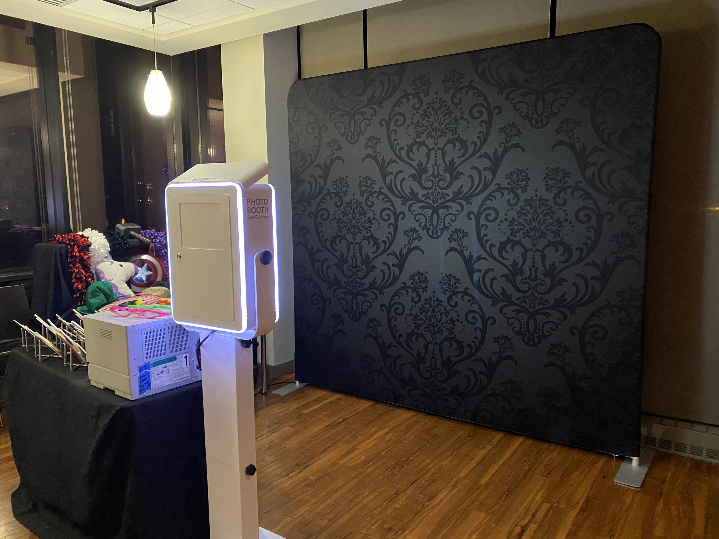 Wedding photo booth setup and backdrop