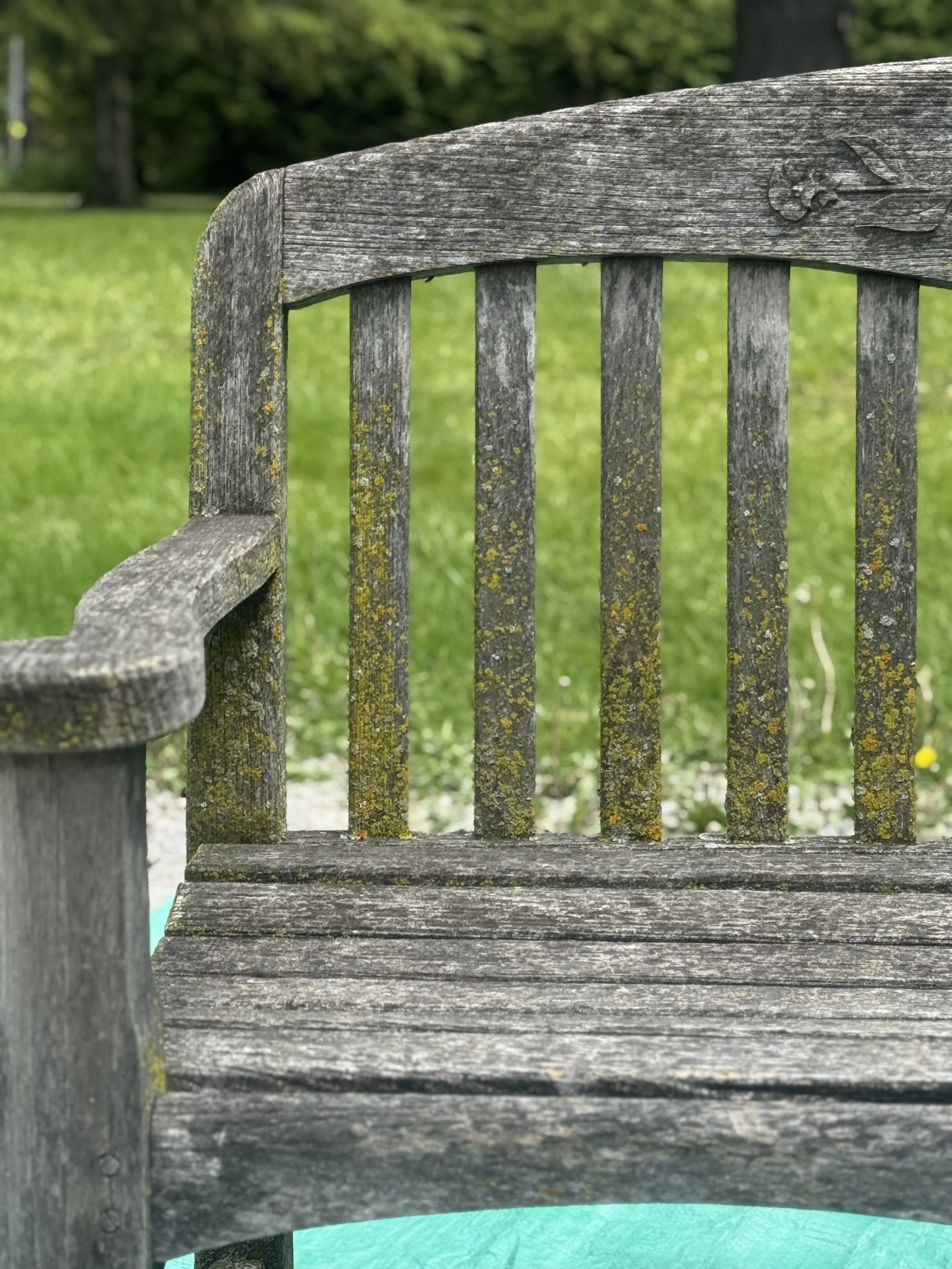 Weathered grey teak furniture before restoration in St. Andrew-Windfields, North York, ON