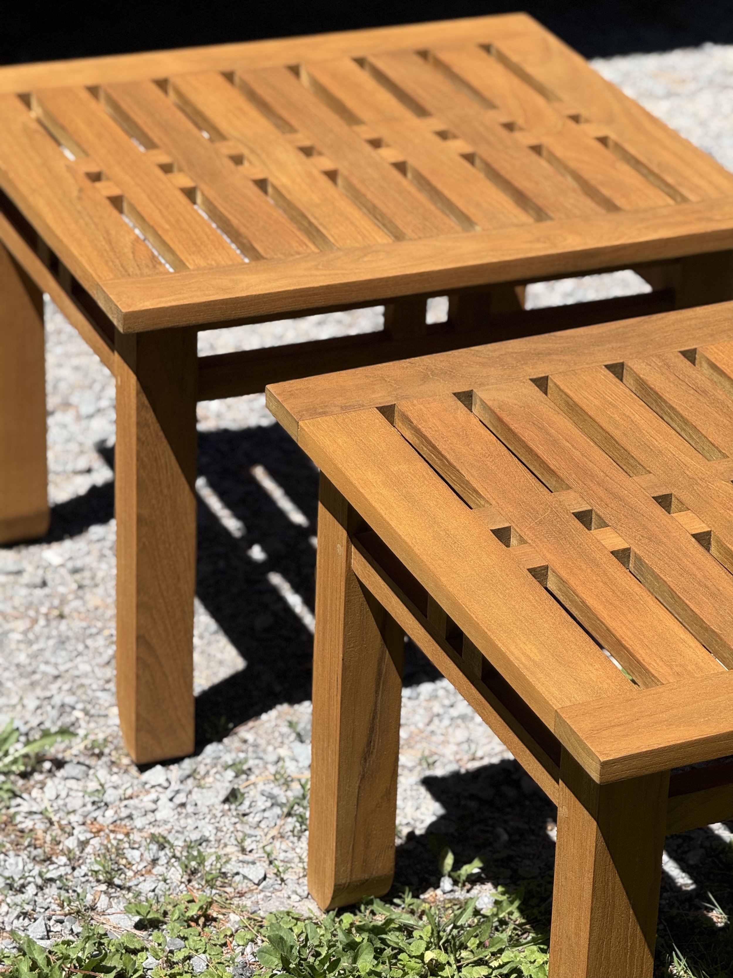 Restored teak tables with warm honey finish in Whitchurch-Stouffville, ON