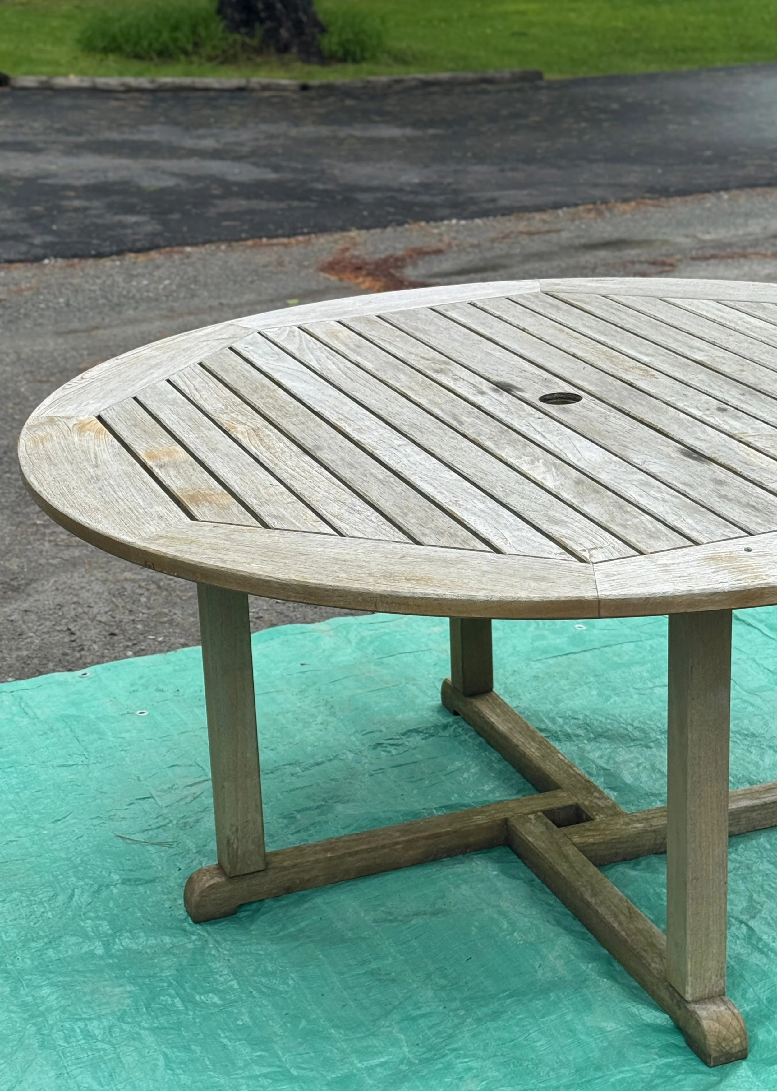 Weathered grey teak patio set before restoration in Whitchurch-Stouffville, ON