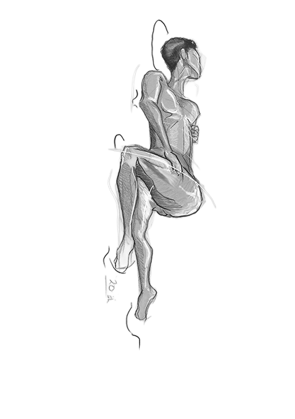 A graphite and chalk figure with one knee lifted and the head turned to the side.