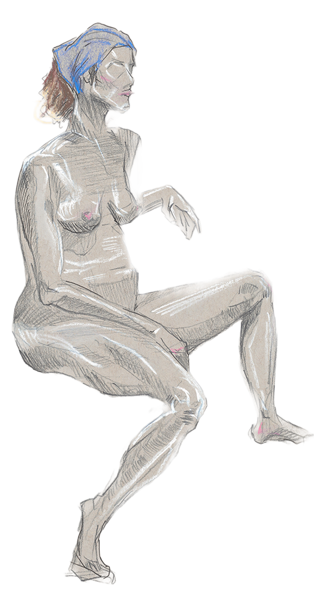 A seated figure in profile wearing a blue headscarf, with a lifted wrist and one leg extending down.