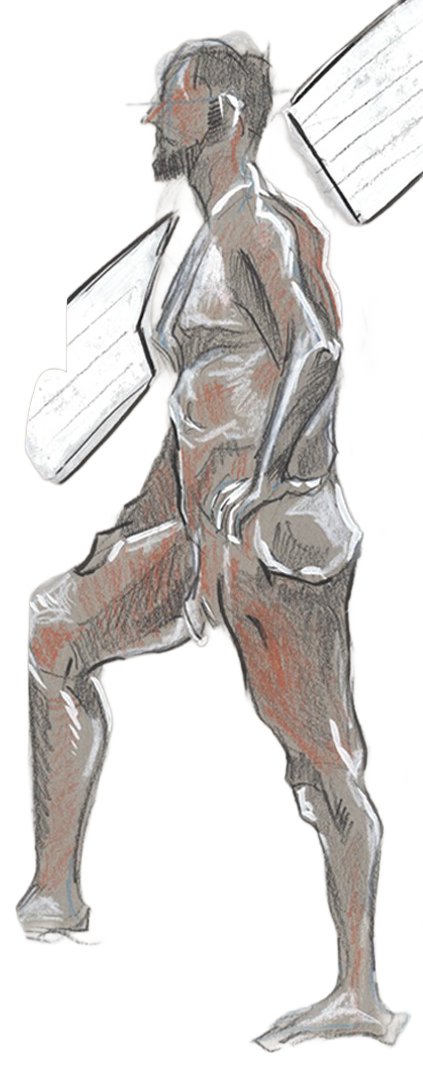An upright figure with one knee raised and bent, white chalk highlights, warm shading, and diagonal white graphic strokes.