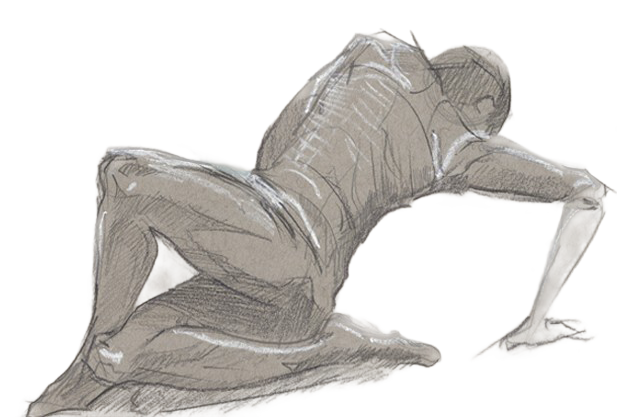 An isolated crouching figure with bent knees, bowed head and arms extended forward, in graphite and white chalk marks.