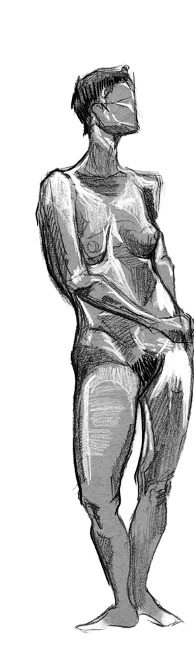 Standing charcoal and chalk figure, hands resting together and head lifted.