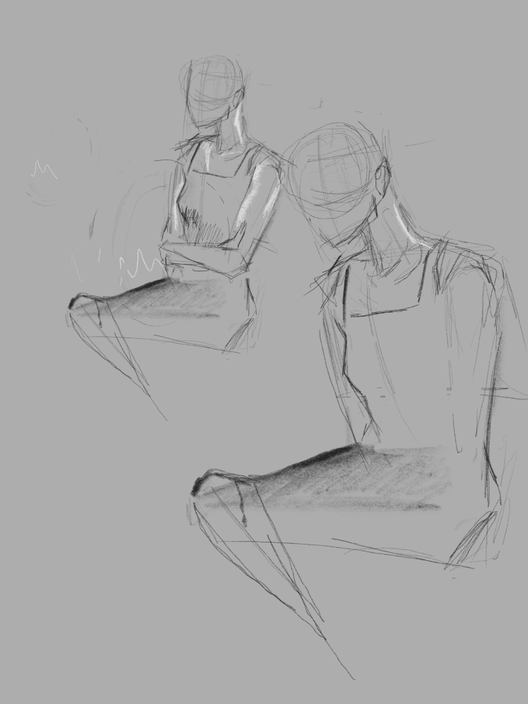 Two loose seated figure studies on grey paper, the larger foreground figure leaning its head down.