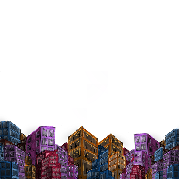 A low skyline of tightly packed blue, violet, red and ochre buildings against a large white sky.
